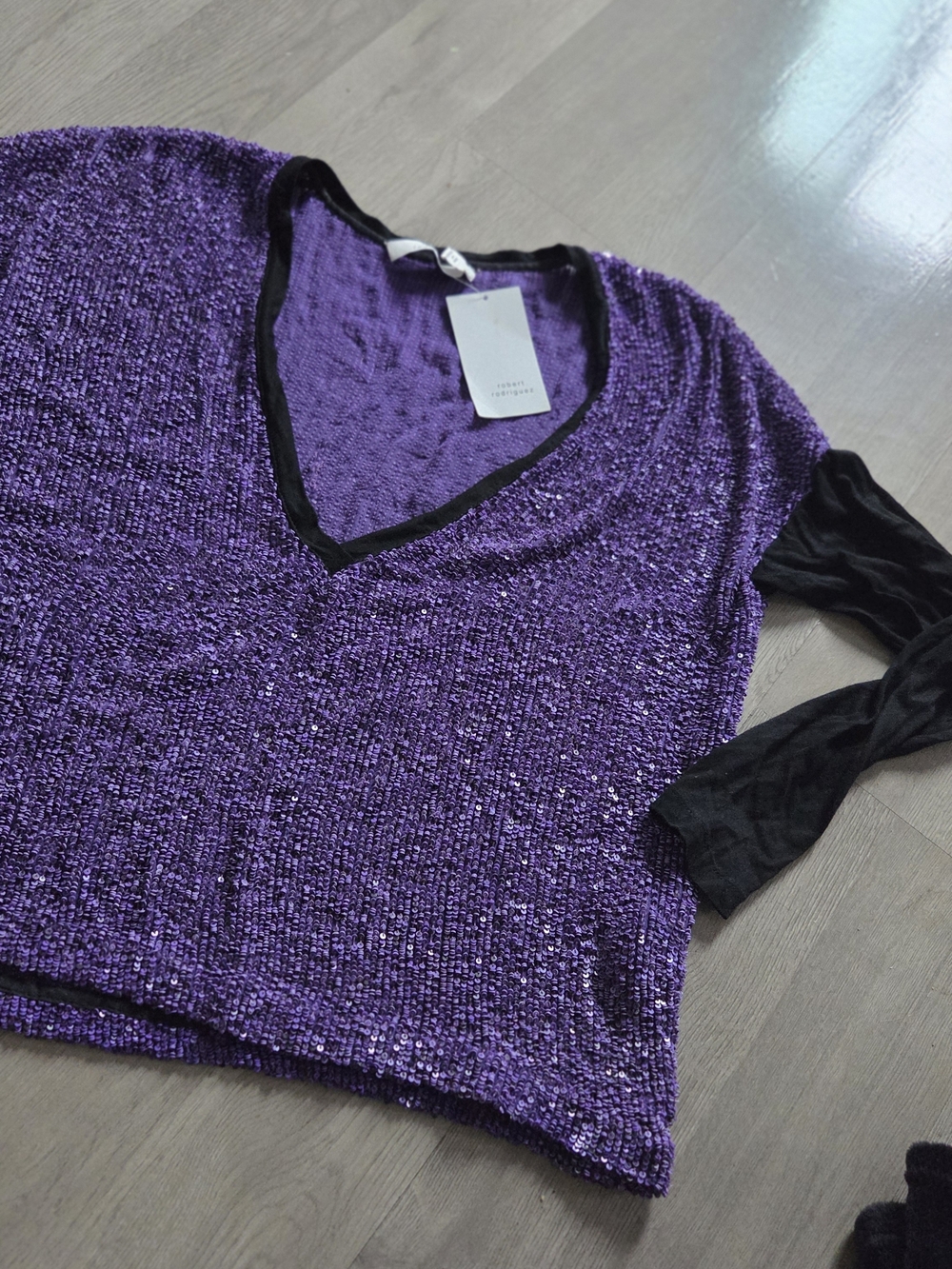 Robert Rodriguez Purple Sequin Top with Black Trim